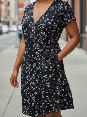 Ann Taylor Black Floral Faux Wrap Midi Dress Plus Size 18